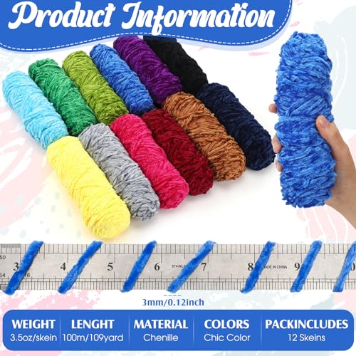 Image of Timgle 12 Pack Chenille Yarn for Crocheting, Soft Velvet Yarn 1312 Yards, 3 mm Thick Fluffy Plush for Hand Knitting Weaving Sweater Shawl Scarf Gloves DIY Craft, 109 Yards Each(Chic Color)