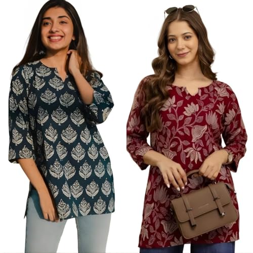 Image of Women's Cotton Printed Short Kurti, Round Neck, Three Quarter Sleeve, Straight Fit, Pack of 2