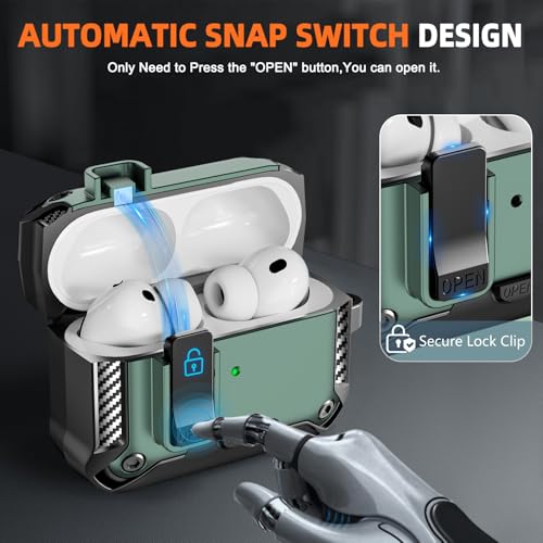 Image of for AirPods Pro 3 Case with Lock & Phone Stand(Green) | Automatic Snap Switch Lock,Carbon Fiber Texture Design Cover with Cleaner Kit