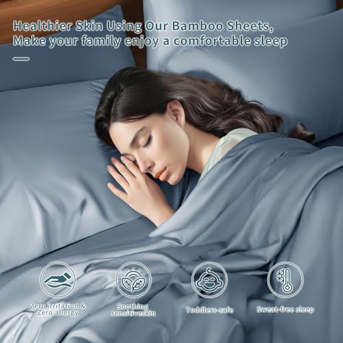 Image of Shilucheng 6 Piece Queen Sheet Sets, Cooling Sheets, Blend Rayon Derived from Bamboo, Deep Pocket Up to 16 inch, Breathable & Soft Bed Sheets, Hotel Silky Bedding Set, French Blue
