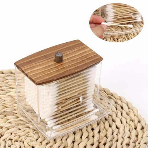 Image of Tbestmax 10oz Qtip Holder Dispenser with Black Wood Lids, Big Cotton Swab Holder Bathroom Accessories Organizer for Storage-Qtips Cotton Ball, Floss Container