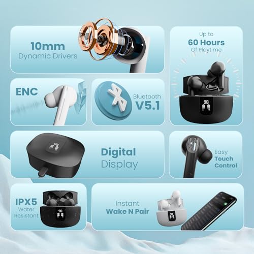 Image of CELLECOR BroPods CB33 TWS with 60 Hours Playtime, Digital Display, Automatic Pairing, HD Sound and 5.1V Bluetooth - Black