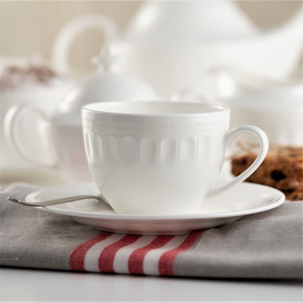 VILLA ITALIA Serwis kawowy porcelanowy na 6 osób Zestaw filiżanek Filiżanki, Talerzyki deserowe, Dzbanek, Cukiernica do kawy lub herbaty MESYNA White ES667