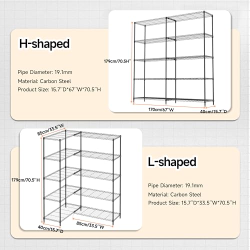 Image of M MZG 5 Tiers Storage Shelves Load 1500LBS, Metal Shelving Wire Metal Shelving Unit Shelves for Storage Adjustable Garage Shelving for Pantry Kitchen Garage Black 15.8 inch D x 33.5 inch W x 70.5 inch H