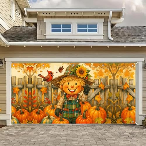 HOMETITUTE Thanksgiving Scarecrow Garage Door Banner 13x6ft Pumpkin Harvest Decor Family Gathering Outdoor Indoor Photo Background Fall Leaves Cardinal Party Decorations Mural Decorations