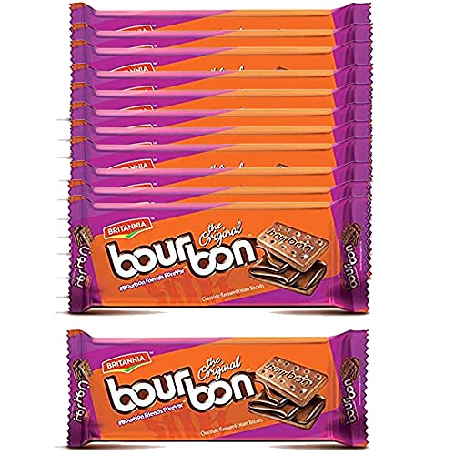 Britannia Bourbon Biscuits 100g (Pack of 12) – Snack Biscuits – Filling of Chocolate Butter Cream – Cream Biscuits – Sugar Sprinkled - Cracker Biscuits Cookies Tea Time Snacks for Kids & Family