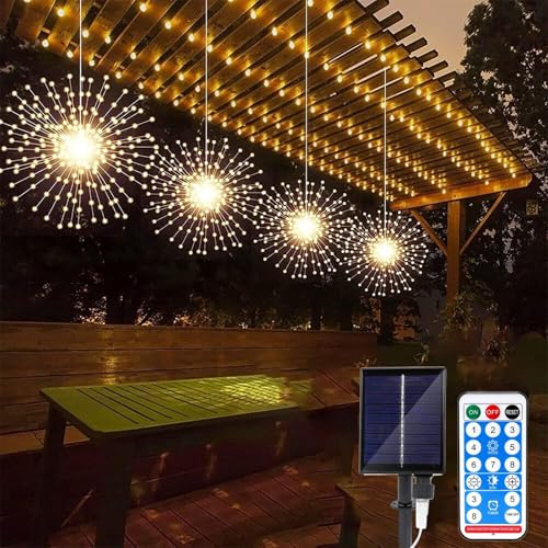 AMZSTAR 4 Pack Solar Fireworks Lights, 480LED Waterproof Hanging Copper Wire Fireworks String Lights 8 Modes with Remote Control, Garden Party Christmas Wedding Decoration (Warm White) -  1-4 Fireworks