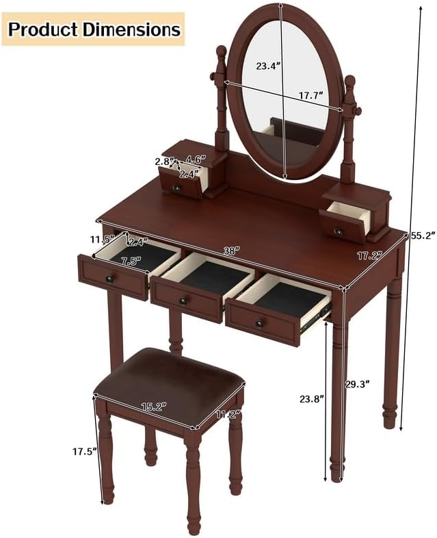 Merax 38" Vintage Vanity Set with Oval Mirror - Adjustable Makeup Desk with 5 Drawers & Matching Stool, 180° Tilt Mirror, Classic Carved Design for Bedroom/Dressing Room, Walnut