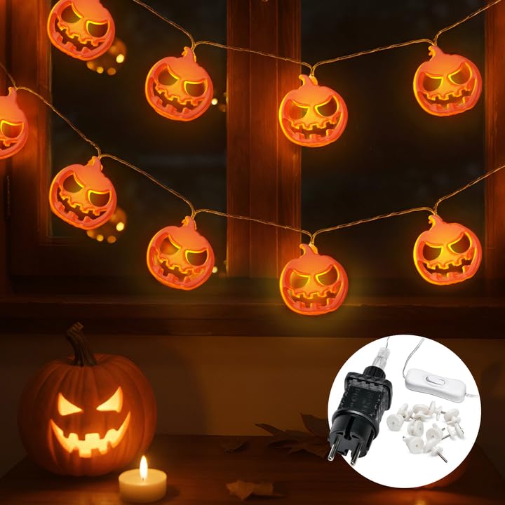 CozyHome Halloween Kürbis Lichterkette - 6 Meter & 20 LED in Warmweiß I Mit Stecker I Kürbislichterkette Jack O Lantern I Halloween Lichterkette Haloween Theme I Fairy Lights Indoor Led Beleuchtung