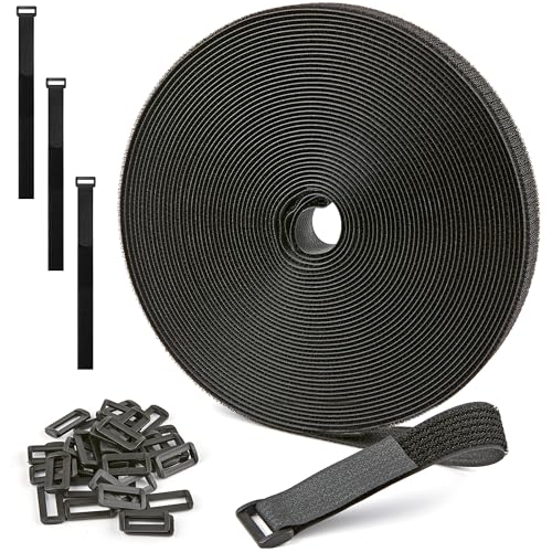 Image of 1 inch x 40ft Nylon Hook and Loop Cable Straps Roll with 50 Plastic Buckles - Reusable, Adjustable, Cut-to-Length for Organizing Cords, Wires & Storage Solutions