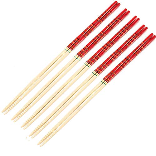 Bezall® 5 Pairs Kitchen Bamboo Hot Pot Noodles Cooking Non Slip Chopsticks Tableware Dinnerware 13 Inch (Red)