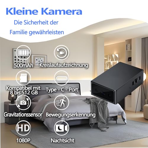 Mini-Surveillance-Kamera im kleinen Format - Innen- und Außenüberwachungskamera - High Definition (HD) 1080p - ohne WLAN - kompatibel mit 512 GB - Bewegungserkennung - Nachtsicht - Gravitationssensor