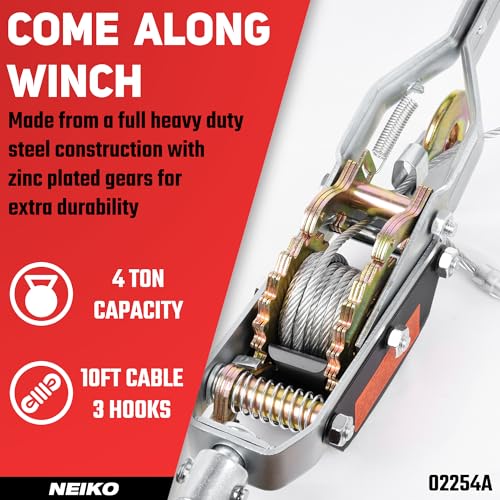 Image of NEIKO 02254A Come Along Winch, 4-Ton (8,000lbs) Pulling Capacity, 9.8Ft, 3 Hook, Heavy Duty Power Cable Come Along Tool with Dual Gears, Hand Winch Cable, Automotive Hoist Winch Puller, Recovery Gear