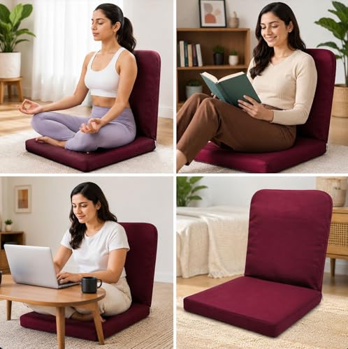Image of Kawachi Right Angle Back Support Portable Relaxing Folding Yoga Meditation Floor Chair Easy to Carry (I114-V-Maroon)