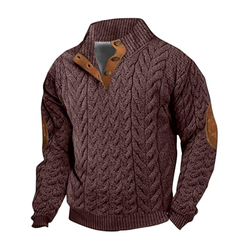 DENGJIAMY Sweat-shirt vintage à manches longues pour homme avec boutons et coudières Col montant Imprimé Polo Pull pour homme, marron, XL