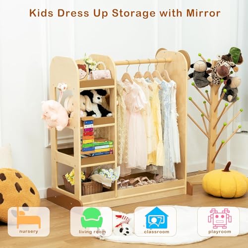دولاب ملابس للأطفال الصغار مع منظمات ومرآة، أثاث مونتيسوري مساحة تخزين كبيرة من خشب البتولا الرقائقي الطبيعي