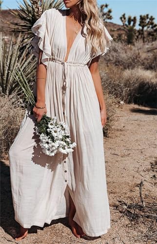 Swim Cover Up for Women Deep V Neck Ruffle Sleeve Button Down Maxi Dresses Elastic Tie Waist Plain Swimwear Coverup 5