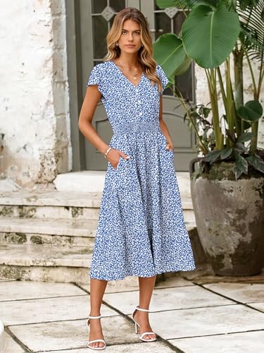 Image of BerryGo Women's Floral Boho Ruffle Summer Midi Dress Short Sleeve V Neck Empire Waist Swing Flowy Dress