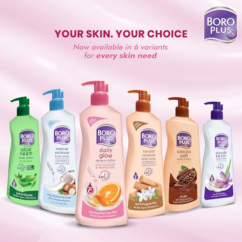 Image of BoroPlus Daily Glow Body Lotion | With Niacinamide, Orange Peel & Triple UV Filters | 24 hrs Moisturisation | For Glowing Even Tone Skin | All Seasons | All Skin Types | No Added Parabens | 400ml