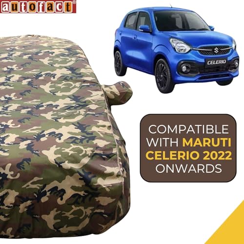 Image of Celerio Waterproof Car Cover with Mirror Pockets, Jungle Print Army Design, 4x4 American Matty,Triple Stitched, Compatible with Maruti Celerio Car Cover (2022 to 2024), Car Accessories