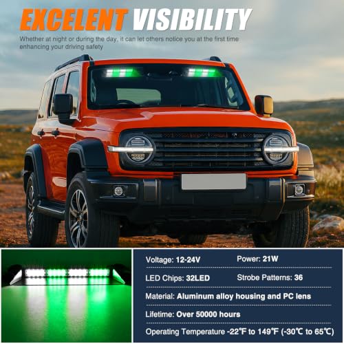 Image of Nilight 32LED Green White Dash Strobe Light w /Controller Windshield