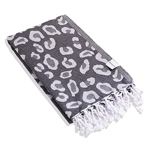 Infusezen Turkish Towel In Stylish Leopard Print - 100% Turkish Cotton - Hammam Fouta Towel Lightweight Pool, Gym, Travel Towel - Thin & Absorbent Peshtemal Beach Bath Towels – Large 69” X 38” (Black) #TOP24