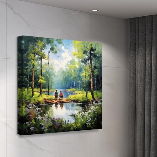 Image of Exsha Serene Couple Fishing by Lake Canvas Wall Painting|Romantic Nature Square Art Print for Living Room, Bedroom, Office, Home Decor|Peaceful Forest & Water Scene Wall Decorative Artwork|16x16 Inch