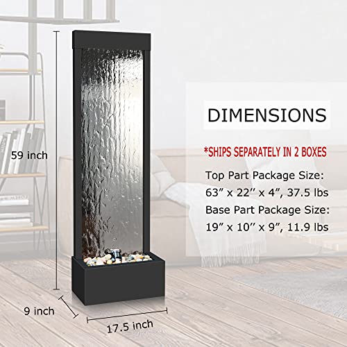 Pondo Mirror Waterfall Fountain With Stones And Light For Indoor/Outdoor, 20" L X 9" W X 59" H, Mirrored Silver Christmas Decor #TOP1