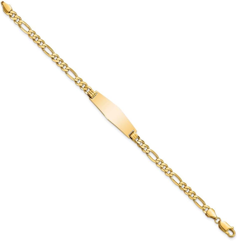 Engravable Personalized Custom 14K Yellow Gold Soft Diamond Shape Flat Figaro Link ID Bracelet For Men or Women Length 7 inches Width 9.5 mm With Lobster Claw Clasp