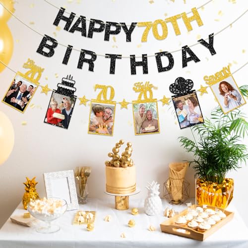 Image of Guiruiy Black Gold 70th Birthday Decorations for Men Women, Pre-strung Glitter Happy 70th Birthday Hanging Photo Banner Party Supplies, Cheers to 70 Years Old Bday Banners
