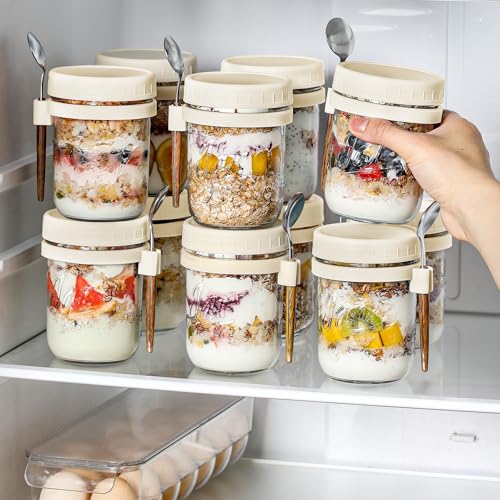 Image of LANDNEOO 4 Pack Overnight Oats Containers with Lids and Spoons, 16 oz Glass Mason Jars with Airtight Lids, Overnight Oats Jars for Milk, Cereal, Fruit-Beige