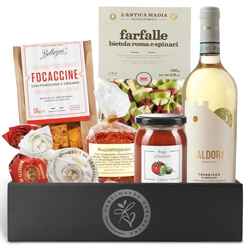 Pr&auml;sentkorb Italia mit italienischem Wei&szlig;wein, Pasta, Sugo, Focaccine, Gew&uuml;rzmischung und Amaretti | f&uuml;r einen italienischen Abend zu zweit | Ein Weingeschenkset f&uuml;r M&auml;nner und Frauen