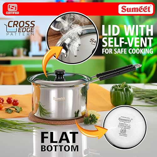 Image of Sumeet ISI Certified HeavyPly Premium Stainless Steel Cross Edge Induction & Gas Stove Friendly Saucepan /Milk Pan /Tea Maker with Lid - 1900ml
