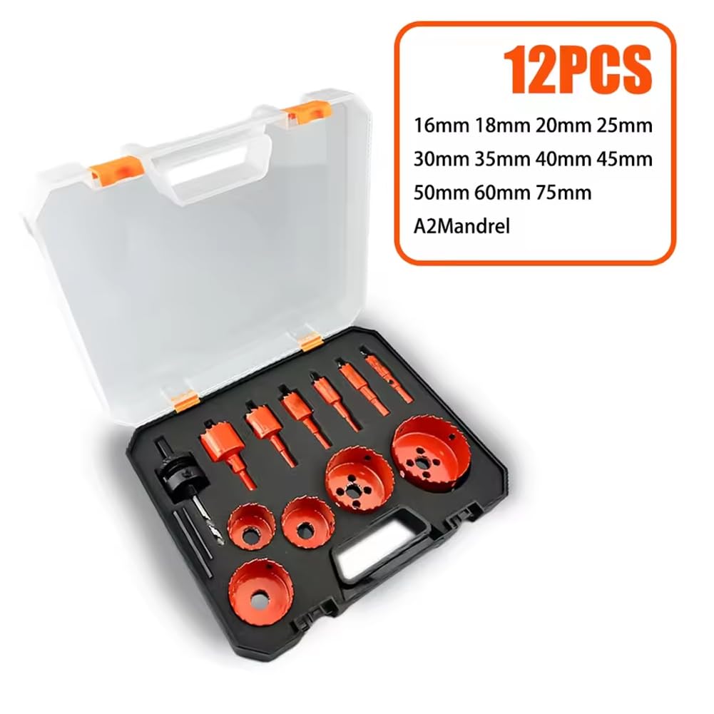 Juego de 12 Brocas de de Bimetálicas M42 de 16-75 mm para Taladrar Paneles de Yeso, Plásticos, Aluminio, Metálica y PVC