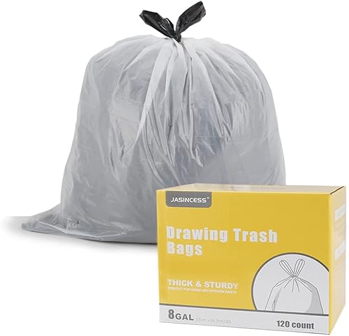 Bolsas de basura pequeñas con cordón de 8 galones, bolsas de basura gruesas multiusos para la oficina en casa, cocina (transparente-120)