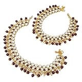 Duel On Jewel Gold Plated Indian Traditional Bridal Red Kundan Crystal Rhinestone Bell Anklet Pair F