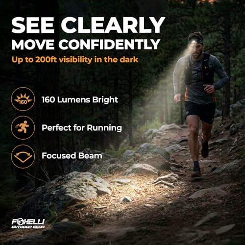 Image of Foxelli Foxelli USB Rechargeable Headlamp Flashlight - 160 Lumen, up to 30 Hours of Constant Light on a Single Charge, Super Bright White Led + Red Light, Compact, Easy to Use, Headlight for Camping &