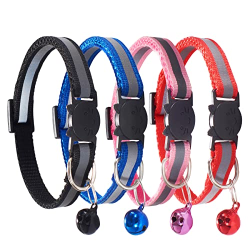 4 Pcs Cat Collars with Bell, Breakaway Cat Collar with Bell, Reflective Cat Collar, 4 Colors Nylon Cat Collar