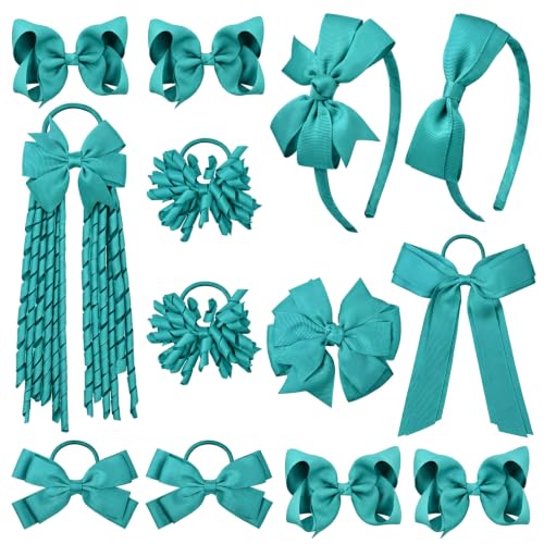 DEEKA Teal School Hair Accessories Set 13 Pcs Uniform Bow Headband Clips Hair Ties Curly Korker Bows for Little Toddler School Girls (Teal)