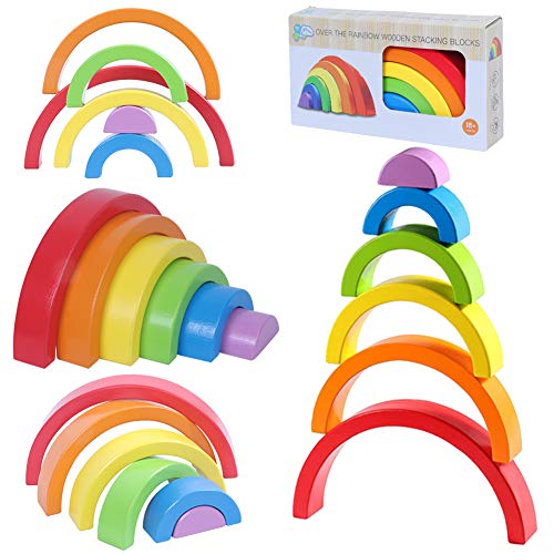 Vigeiya Wooden Rainbow Stacking Toy Color Sorting Toys Funny Stacker Building Blocks Early Educational for Kids Toddlers