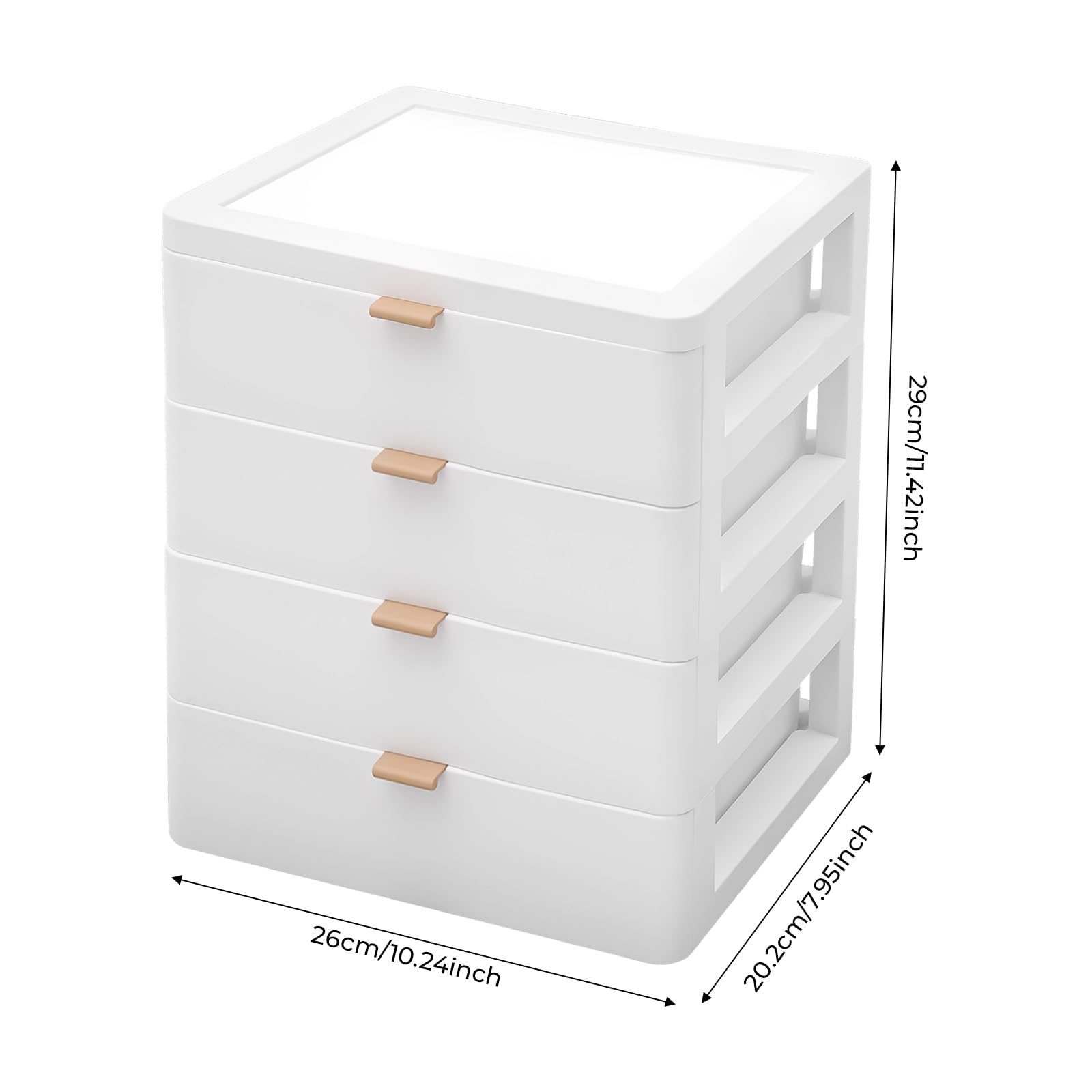 Organizer da scrivania con 4 cassetti, per libri, gioielli, cosmetici, 26 x 20,2 x 29 cm, bianco