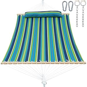 Double Quilted Fabric Tree Hammock with Spreader Bar, 14ft Hammocks 2 Person for Outside, Fits 12ft -14ft Hammock Stand, Large Pillow & Side Pockets & Carabiners, Max 475 lbs Capacity (Garden)