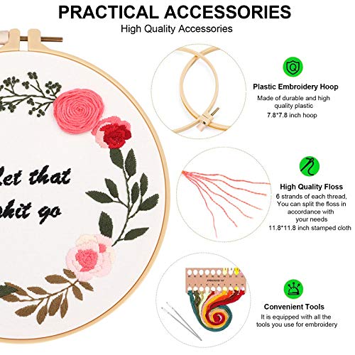 ORANDESIGNE Funny Embroidery Kit for Beginners, Stamped Cross Stitch Kits for Beginners Adults Patterned Needlepoint Embroidery Hoops Cloth Color Thread Floss Flowers Plants Cactus - Thumbnail 4