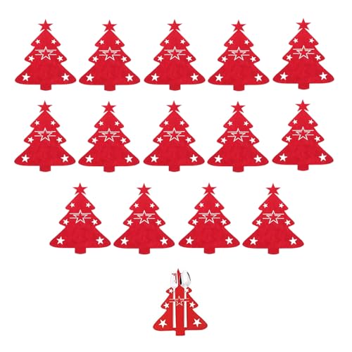 WANTUSHUI 14er Set Weihnachts-Bestecktaschen aus Filz,Rote Besteckhalter Weihnachten,Festliche Bestecktaschen für Weihnachtstisch,Weihnachts-Filz Gabel- und Löffeltaschen,Party & Dinner