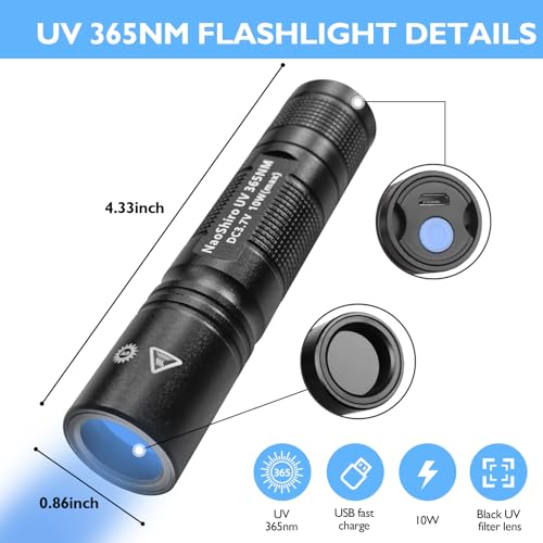 NaoShiro Lanterna UV de 365 nm, lâmpada de madeira com luz preta, recarregável para detecção de urin