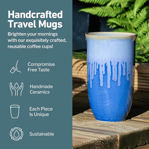 Image of NOVA CERAMICS Ceramic Tumbler- Blue Ceramic Mug - Microwave & Dishwasher Safe Coffee White & Orange Tumbler - Leak-Proof Coffee Travel Mug - 16oz - Neptune
