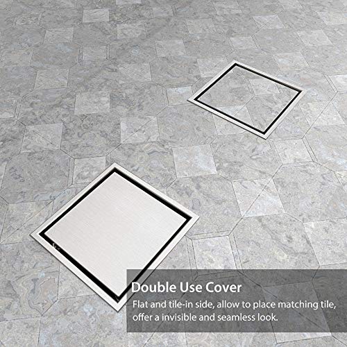 USHOWER 6-Inch Square Shower Drain, Tile-insert &Flat Cover 2-in-1 Brushed Nickel 304 Stainless Steel Shower Floor Drain, Includes Drain Flange Kit - Thumbnail 2