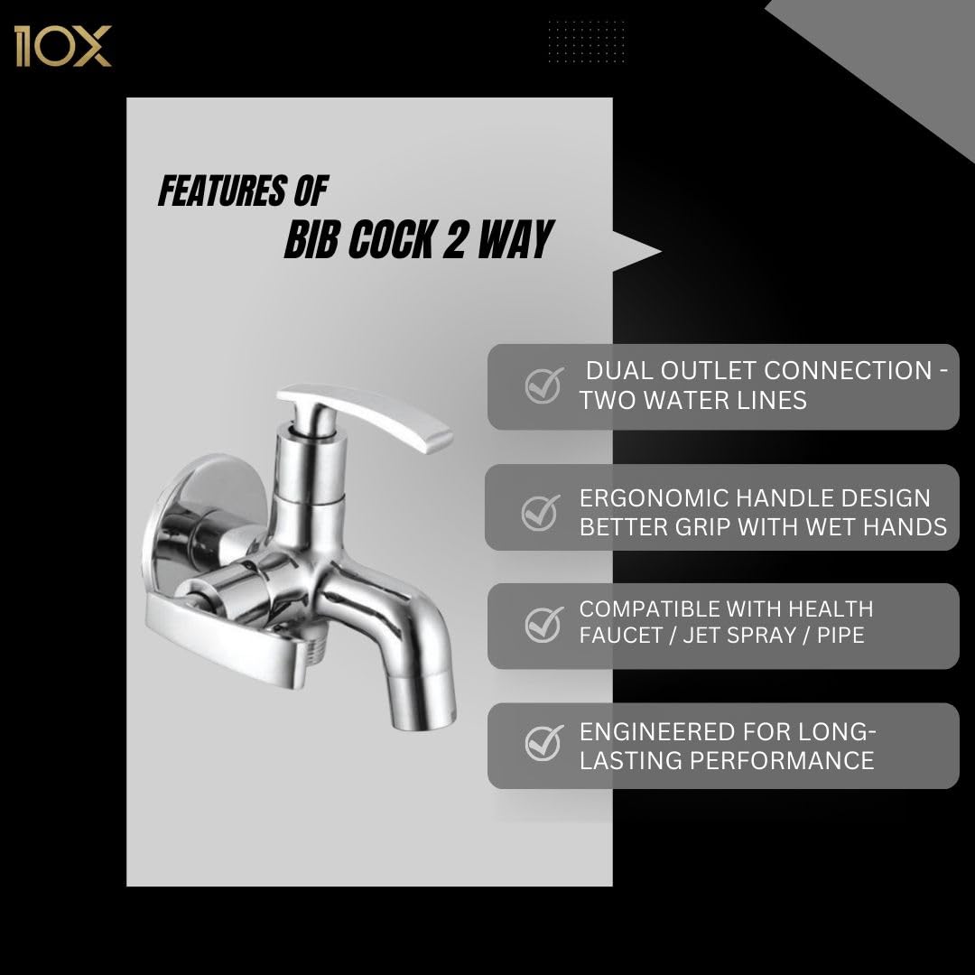 10X Bib Tap 2 in 1 BC-9334 Dual Outlet Wall Mounted Tap with Aerator | Heavy Brass Cartridge | Chrome Plated | Compatible with Health Faucet/Jet Spray 1
