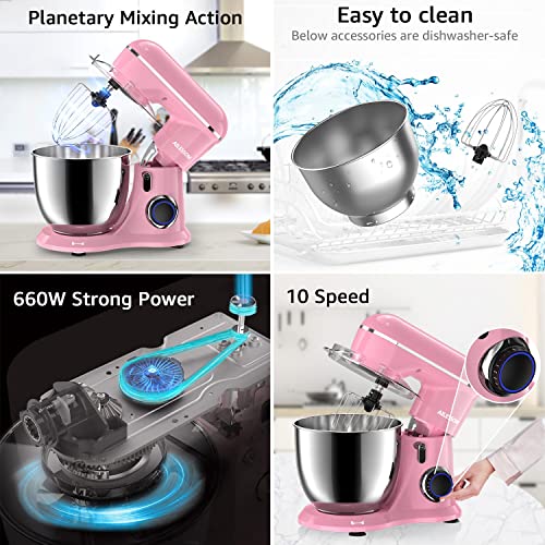 AILESSOM 3-IN-1 Electric Stand Mixer, 660W 10-Speed With Pulse Button, Attachments include 6.5QT Bowl, Dough Hook, Beater, Whisk for Most Home Cooks, Sakura Pink - Thumbnail 3