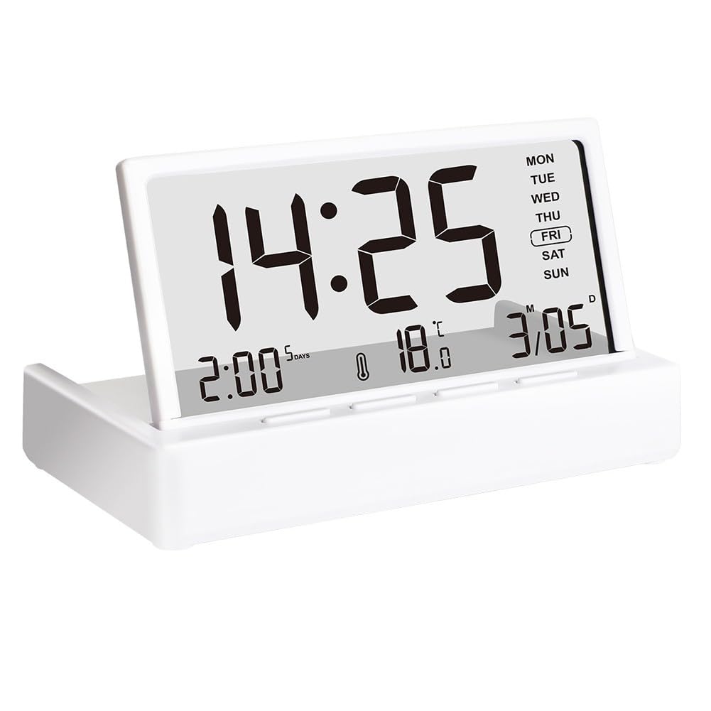 Réveil LCD pliable blanc avec grand écran et température numérique
